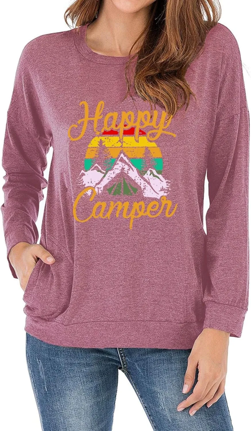 Fuyxxmer Happy Camper Sweatshirt Women Vintage Mountain Graphic Tee Long Sleeve Pullover Blouses Top Shirts with Pockets