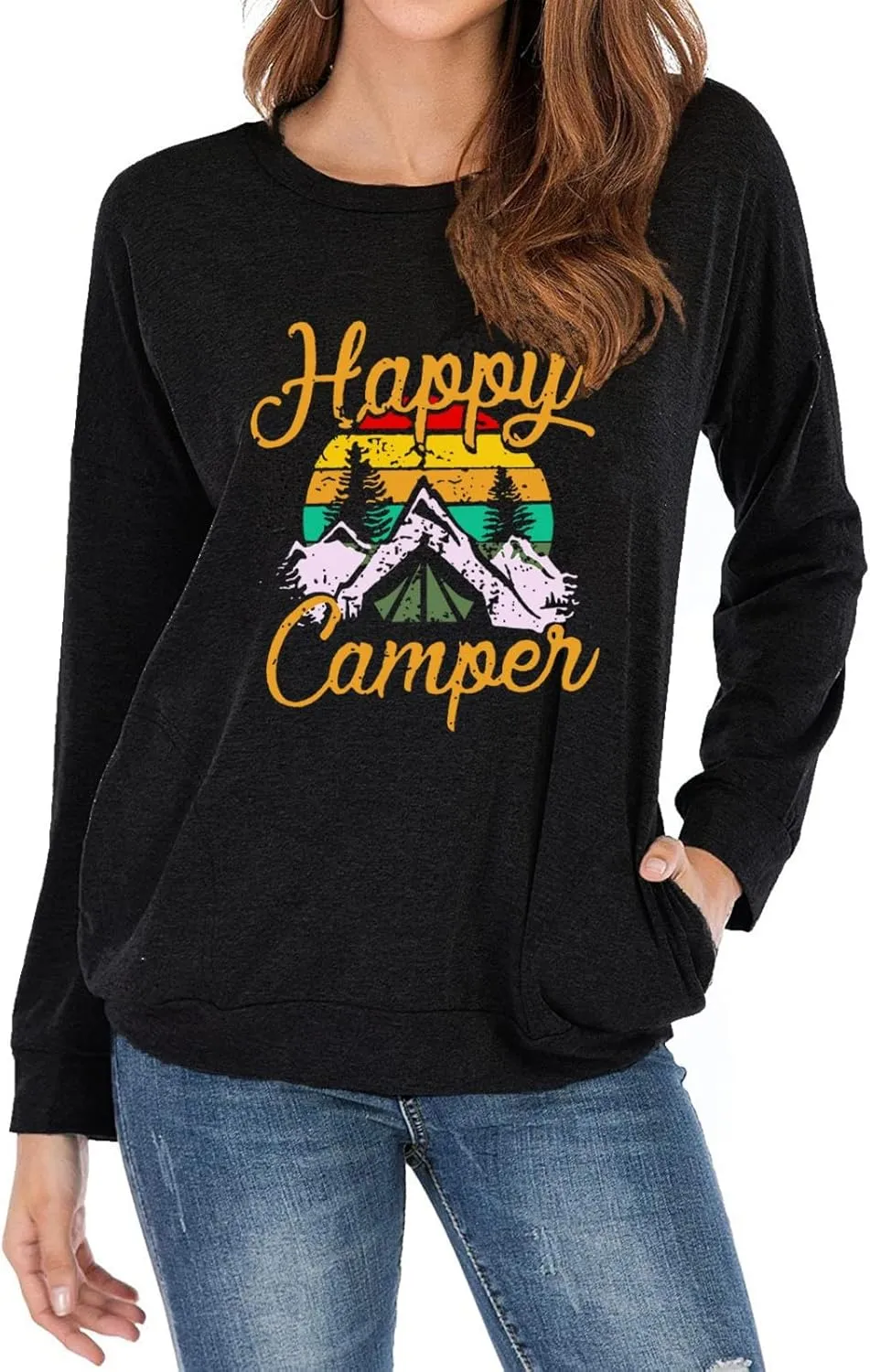 Fuyxxmer Happy Camper Sweatshirt Women Vintage Mountain Graphic Tee Long Sleeve Pullover Blouses Top Shirts with Pockets