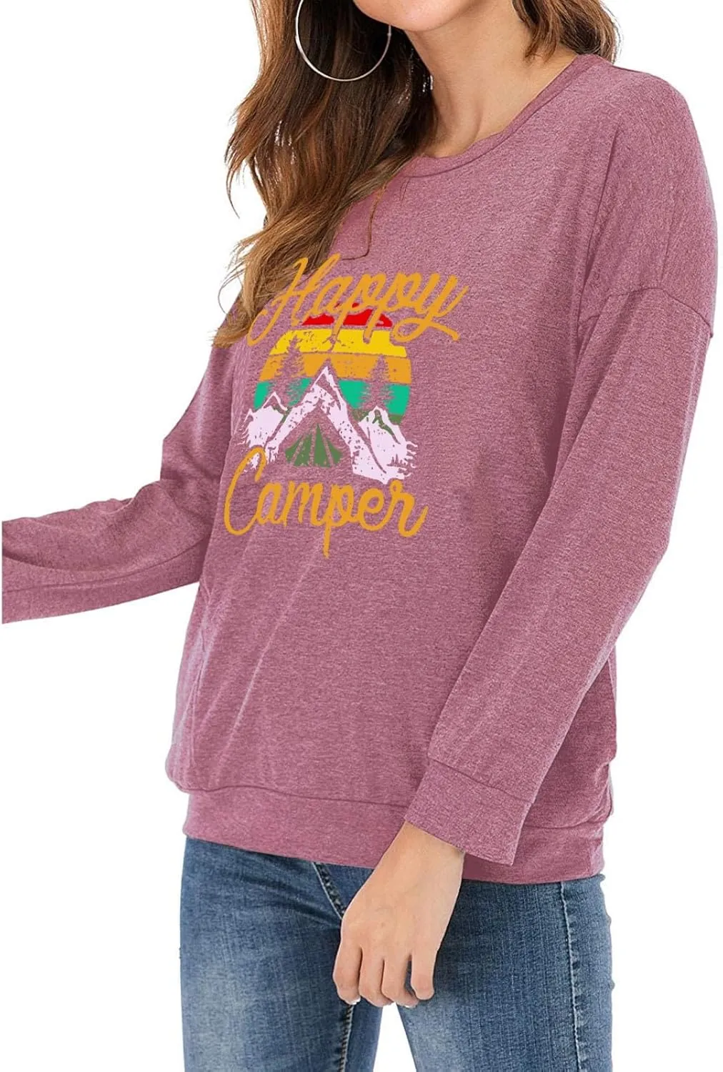 Fuyxxmer Happy Camper Sweatshirt Women Vintage Mountain Graphic Tee Long Sleeve Pullover Blouses Top Shirts with Pockets