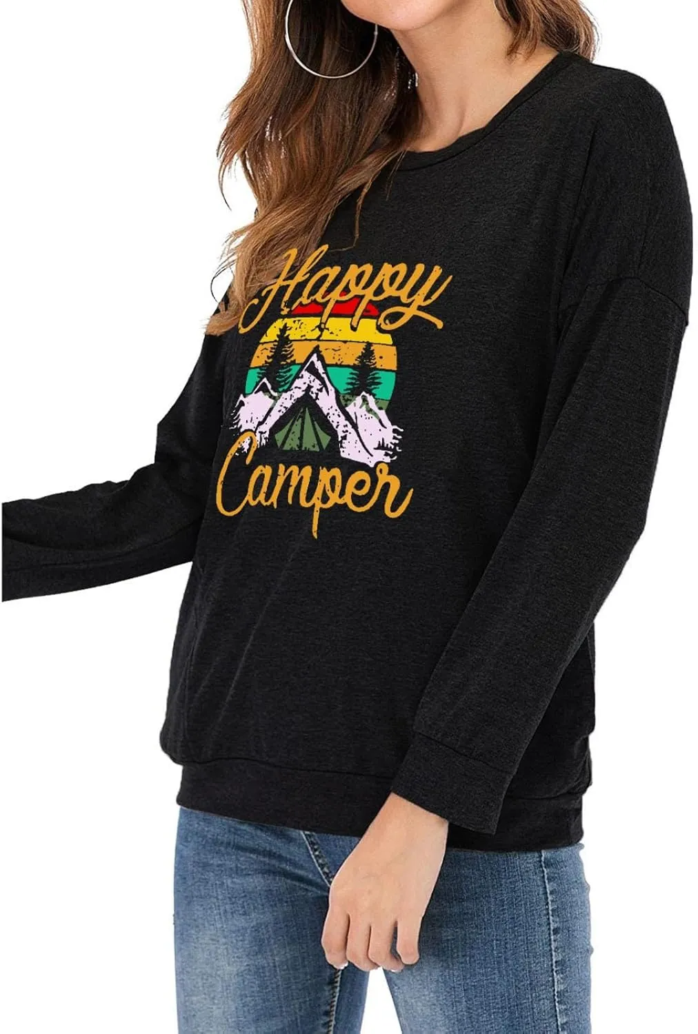 Fuyxxmer Happy Camper Sweatshirt Women Vintage Mountain Graphic Tee Long Sleeve Pullover Blouses Top Shirts with Pockets