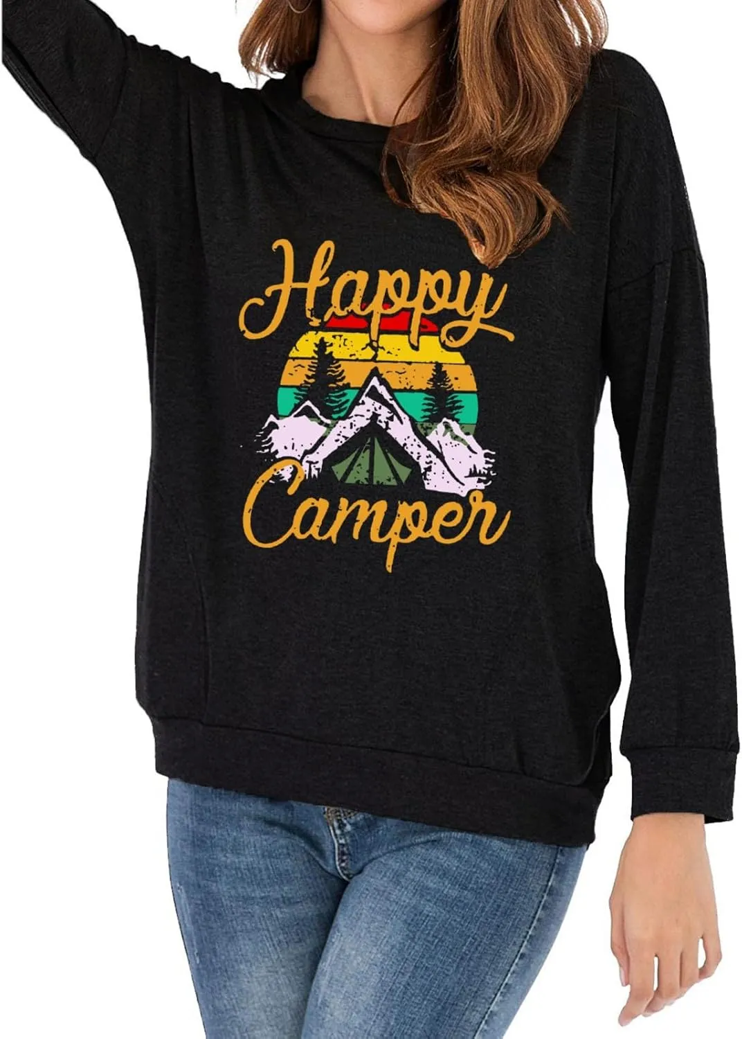 Fuyxxmer Happy Camper Sweatshirt Women Vintage Mountain Graphic Tee Long Sleeve Pullover Blouses Top Shirts with Pockets