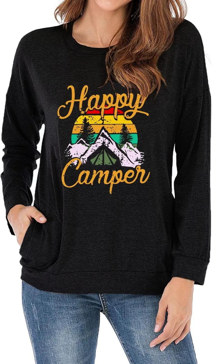 Fuyxxmer Happy Camper Sweatshirt Women Vintage Mountain Graphic Tee Long Sleeve Pullover Blouses Top Shirts with Pockets