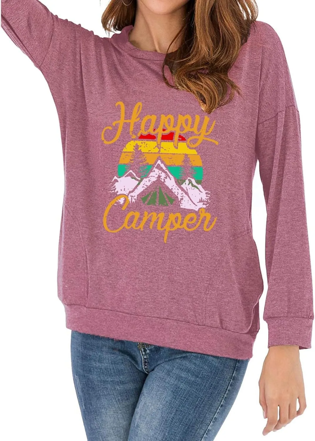 Fuyxxmer Happy Camper Sweatshirt Women Vintage Mountain Graphic Tee Long Sleeve Pullover Blouses Top Shirts with Pockets
