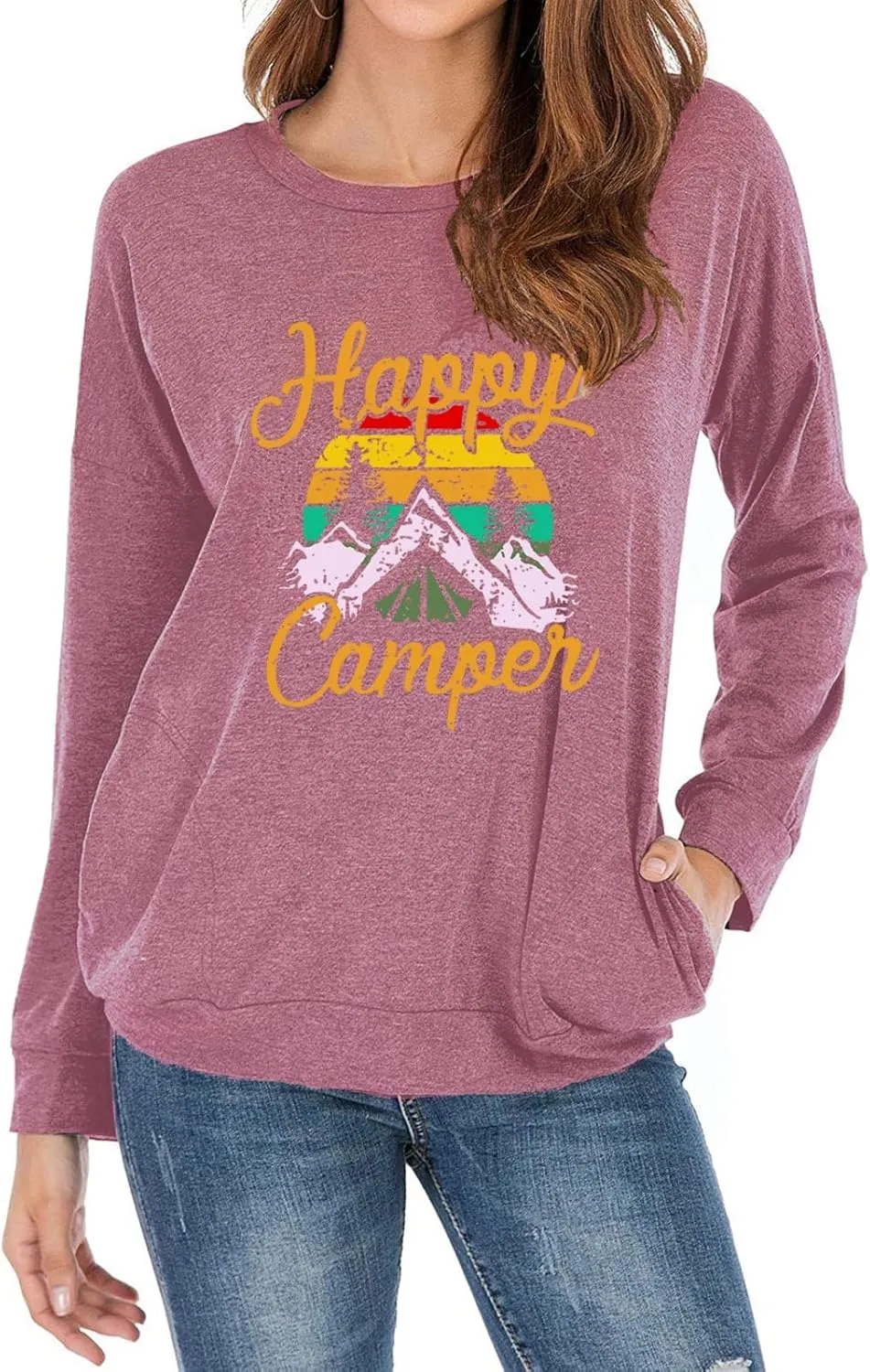 Fuyxxmer Happy Camper Sweatshirt Women Vintage Mountain Graphic Tee Long Sleeve Pullover Blouses Top Shirts with Pockets