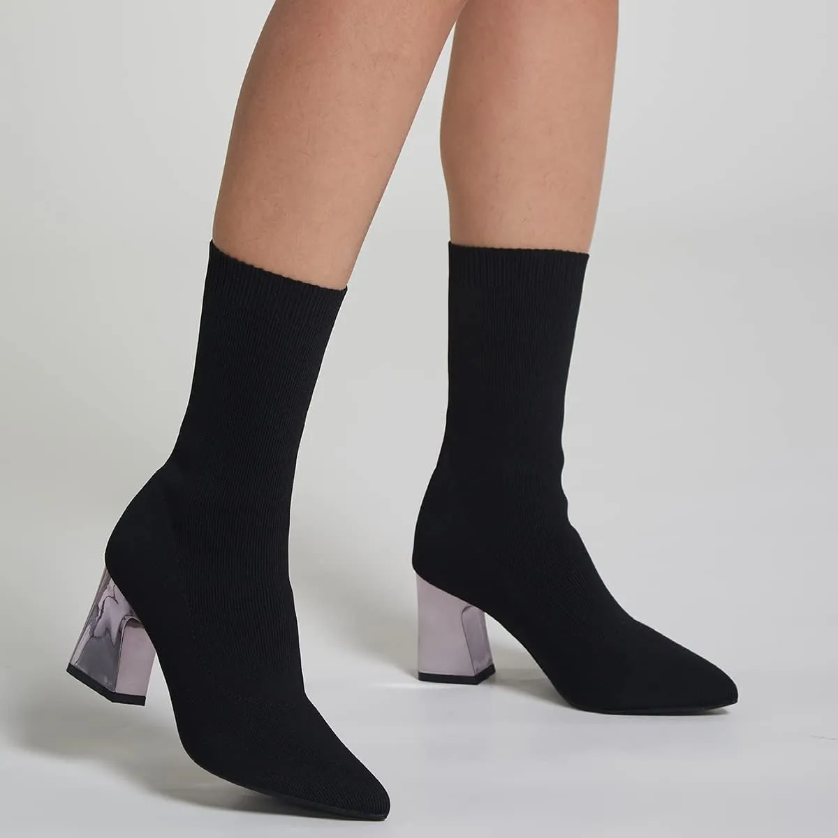 GATUXUS Women's Chunky High Heel Ankle Boots Pointed Toe Mid Calf Knitting Sock Booties Warm Shoes