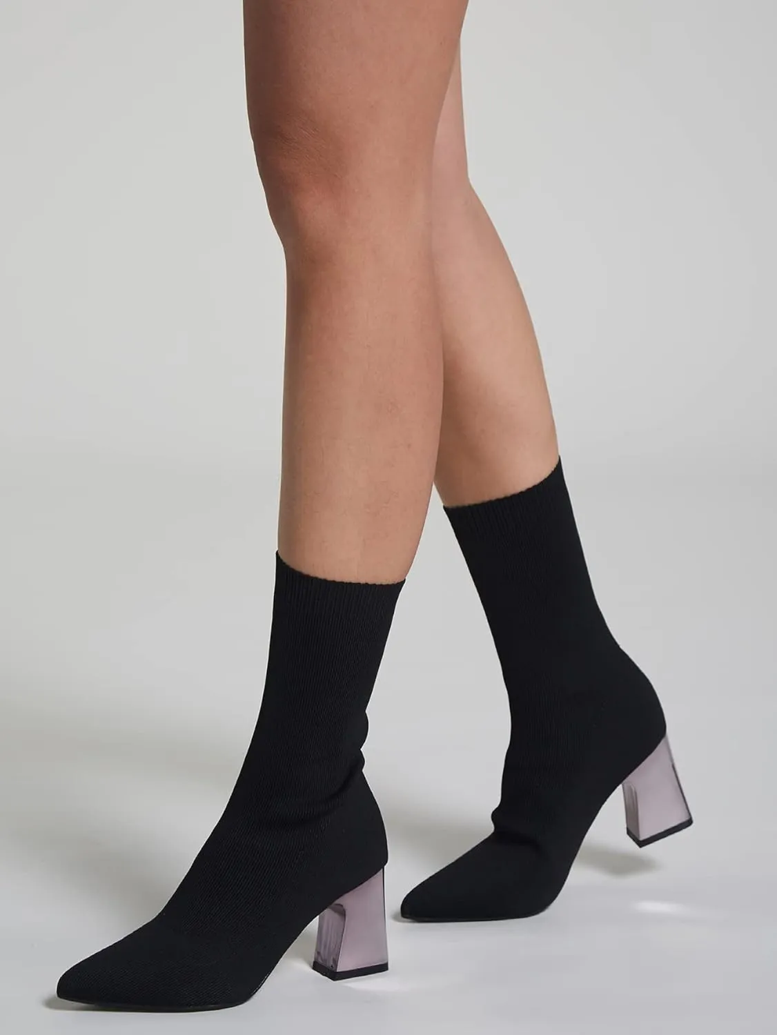 GATUXUS Women's Chunky High Heel Ankle Boots Pointed Toe Mid Calf Knitting Sock Booties Warm Shoes