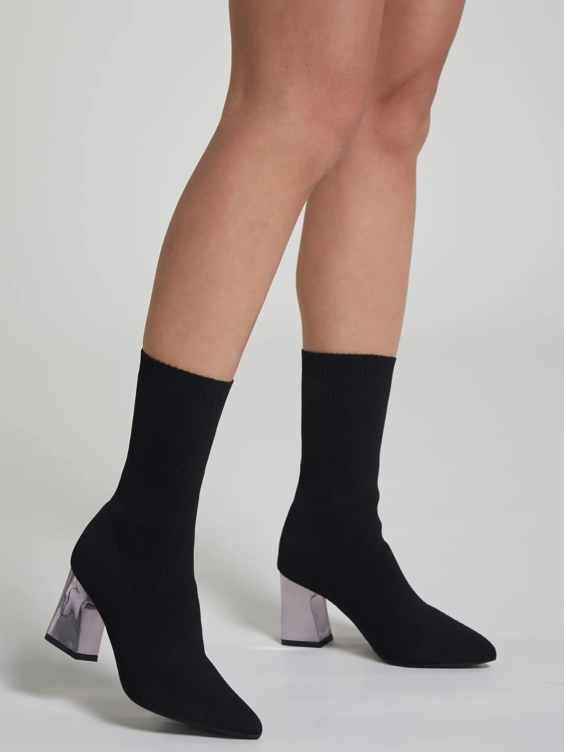 GATUXUS Women's Chunky High Heel Ankle Boots Pointed Toe Mid Calf Knitting Sock Booties Warm Shoes