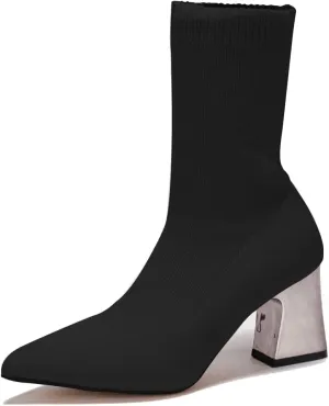 GATUXUS Women's Chunky High Heel Ankle Boots Pointed Toe Mid Calf Knitting Sock Booties Warm Shoes