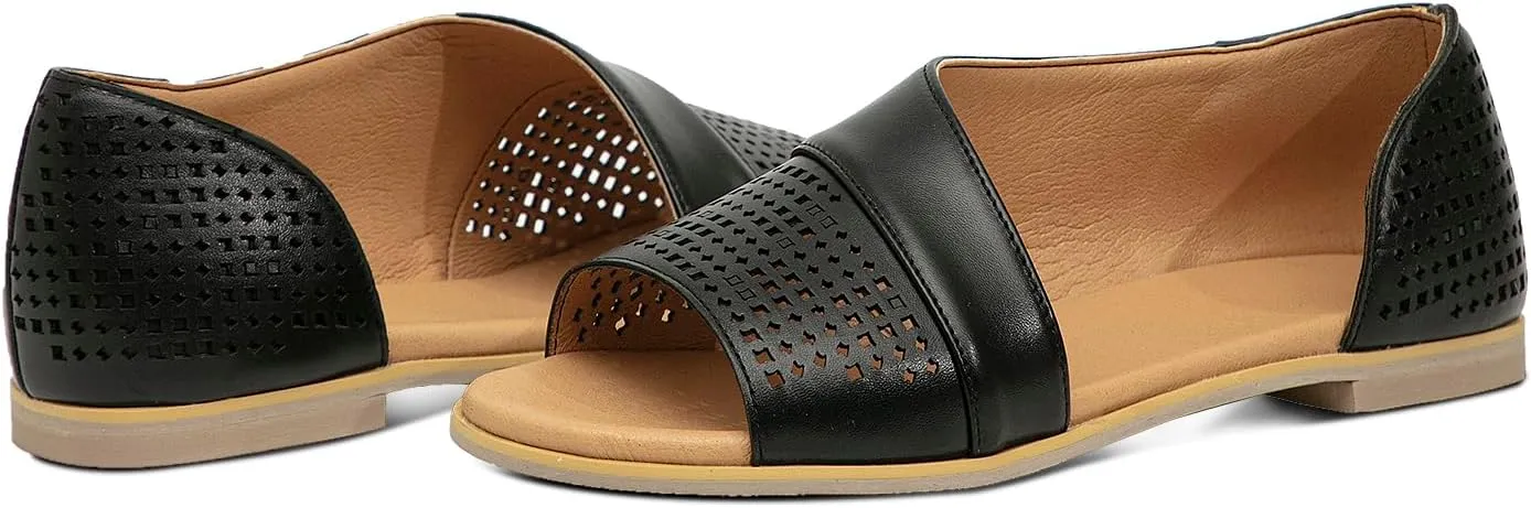 GATUXUS Women's Flats Sandals Open Toe Side Cutout Slip On Casual Slides Flat Shoes