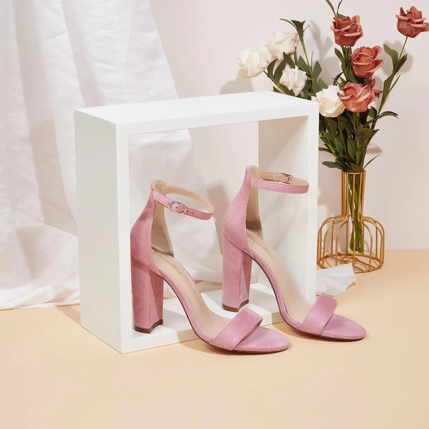 GENSHUO Women's 4-inch Chunky High Heel Sandals with Ankle Strap,Party Wedding Bridal Shoes