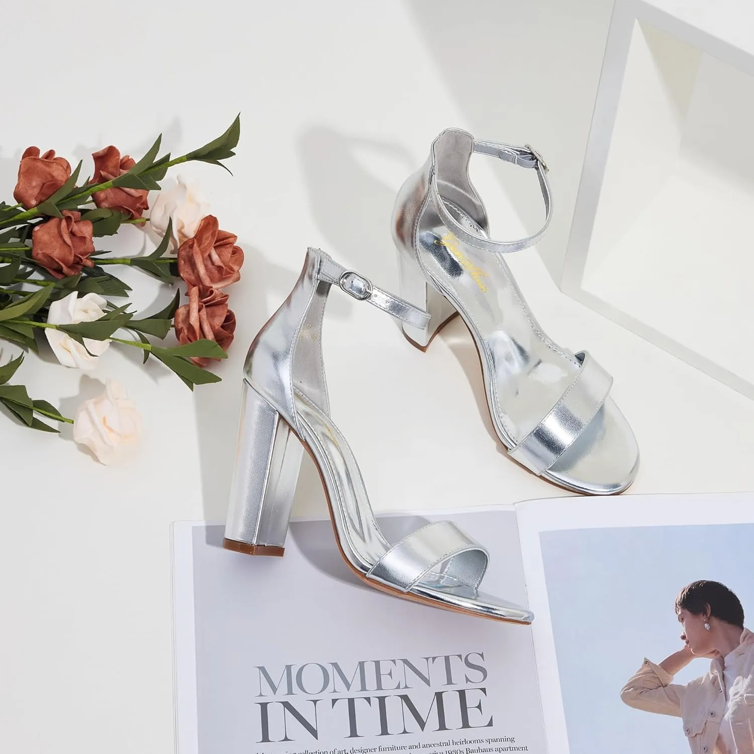 GENSHUO Women's 4-inch Chunky High Heel Sandals with Ankle Strap,Party Wedding Bridal Shoes