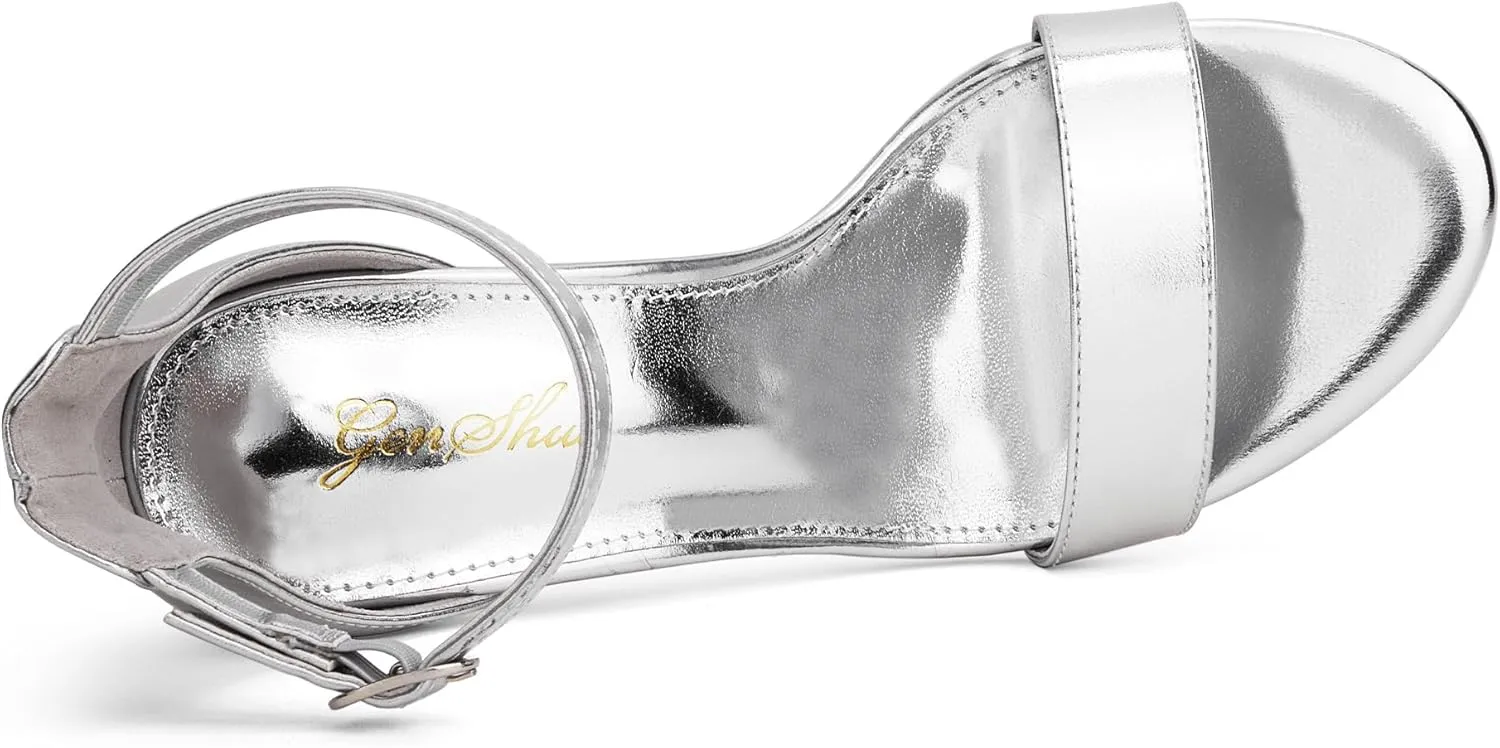 GENSHUO Women's 4-inch Chunky High Heel Sandals with Ankle Strap,Party Wedding Bridal Shoes