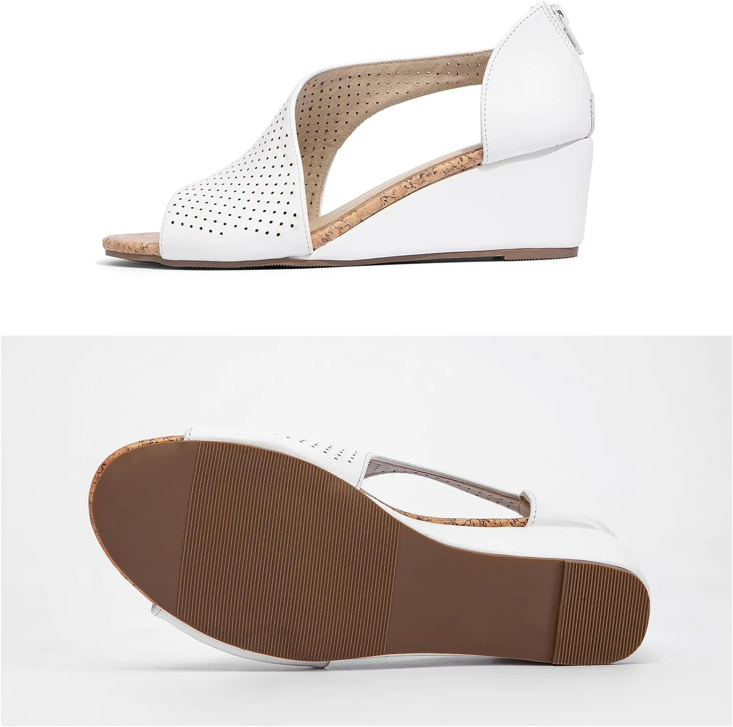 getmorebeauty Women's Side Cutout Wedge Sandals Back Zipper Open Toe Slides Breathable Hollow Mid Heel Summer Shoes