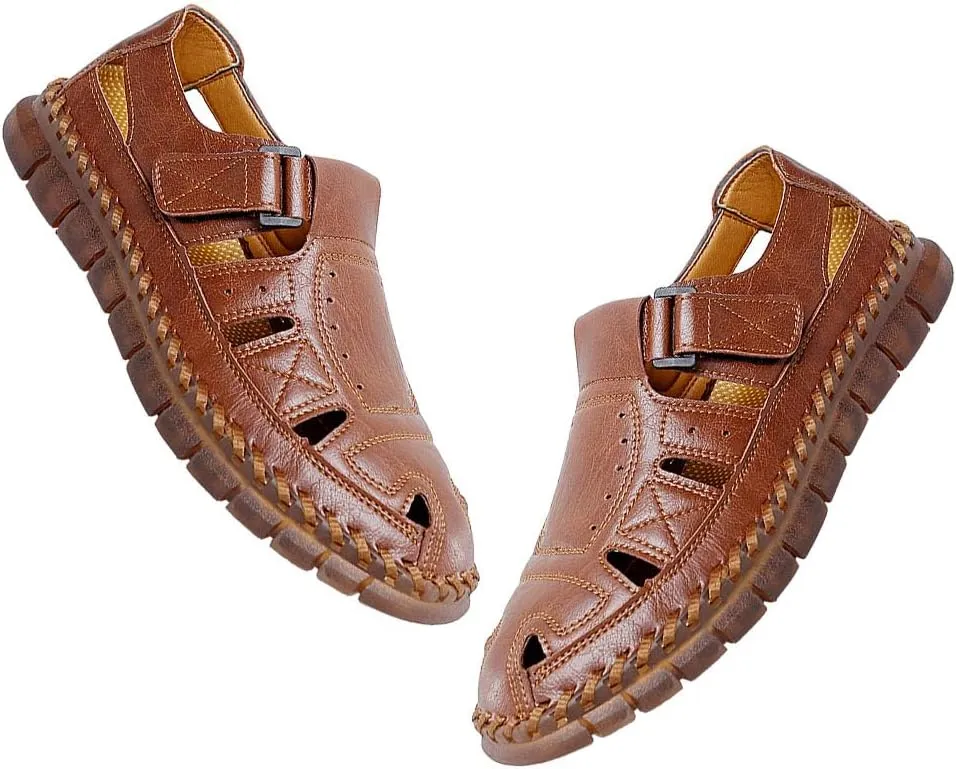 GEXECEUSS Sandals for Men Closed Toe Leather Sport Sandals Fisherman Sandals Outdoor Casual Walking Sandals Summer Water Shoes Beach Wading Shoes
