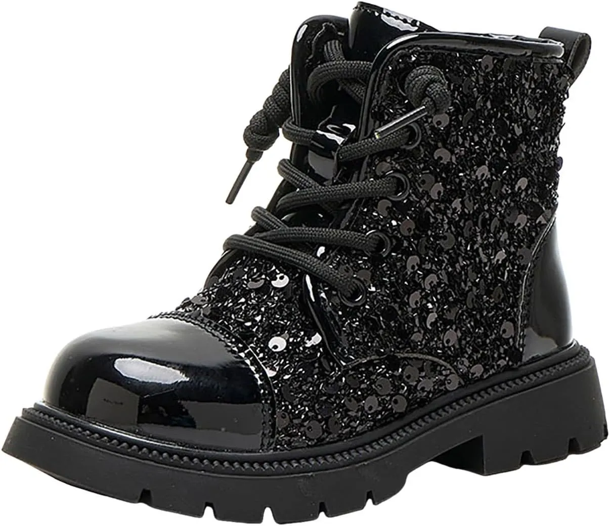 Girls Ankle Boots Kids Fashion Sequined Short Booties Casual Lace Up Platform Combat Boots Soft Sole Walking Shoes