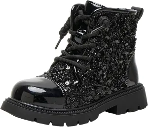 Girls Ankle Boots Kids Fashion Sequined Short Booties Casual Lace Up Platform Combat Boots Soft Sole Walking Shoes