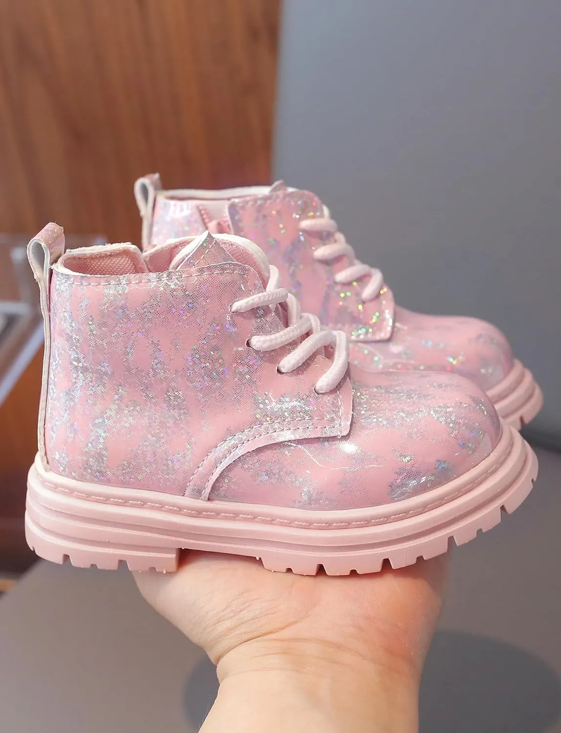 Girls Boys Ankle Boots Waterproof Lace up Patent Boot with Side Zipper Non Slip Platform Leather Booties