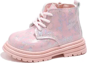 Girls Boys Ankle Boots Waterproof Lace up Patent Boot with Side Zipper Non Slip Platform Leather Booties