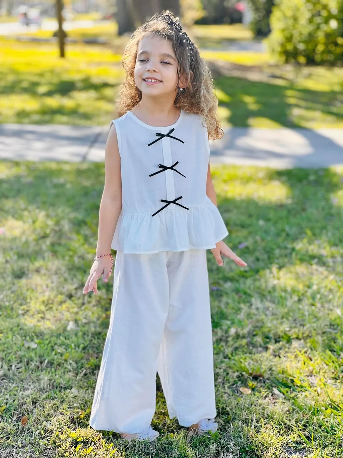 Girls’ Clothing Sets Sleeveless Bow Crop Top Wide Leg Linen Pants 2025 Summer Outfits Cute Kids Clothes