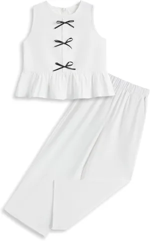 Girls’ Clothing Sets Sleeveless Bow Crop Top Wide Leg Linen Pants 2025 Summer Outfits Cute Kids Clothes