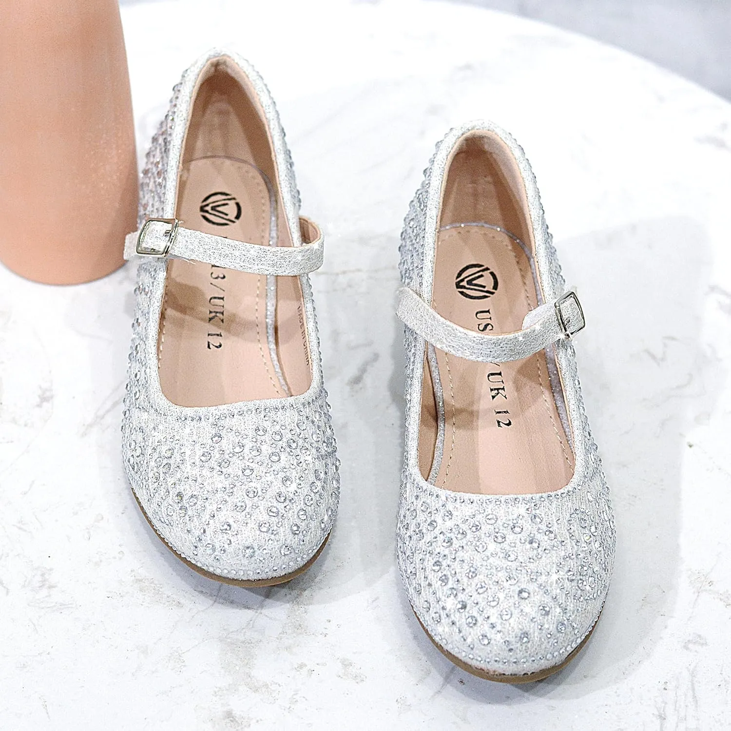 Girls Dress Shoes Mary Jane Shoes for Girls Sparkle Low Heel Hook and Loop Flats for School Wedding Party