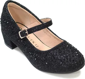 Girls Dress Shoes Mary Jane Shoes for Girls Sparkle Low Heel Hook and Loop Flats for School Wedding Party