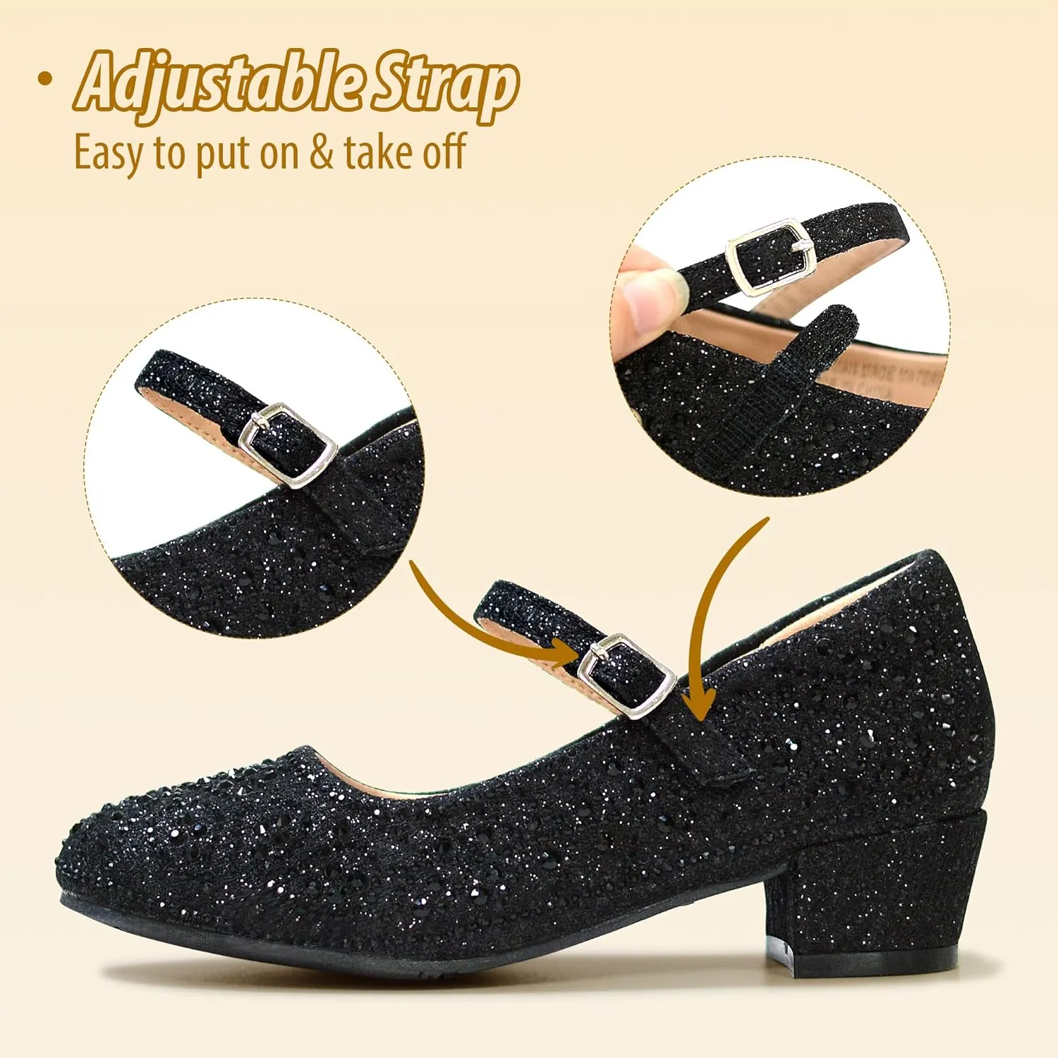 Girls Dress Shoes Mary Jane Shoes for Girls Sparkle Low Heel Hook and Loop Flats for School Wedding Party