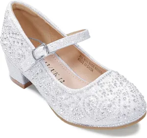 Girls Dress Shoes Mary Jane Shoes for Girls Sparkle Low Heel Hook and Loop Flats for School Wedding Party