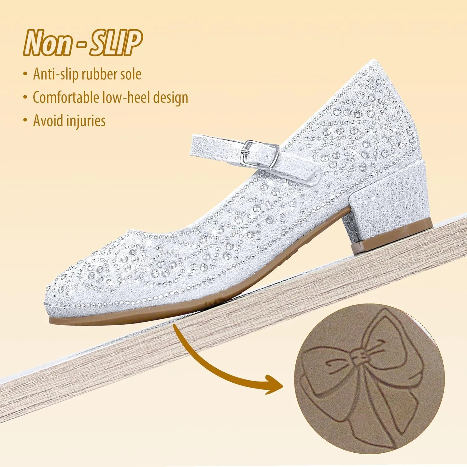 Girls Dress Shoes Mary Jane Shoes for Girls Sparkle Low Heel Hook and Loop Flats for School Wedding Party