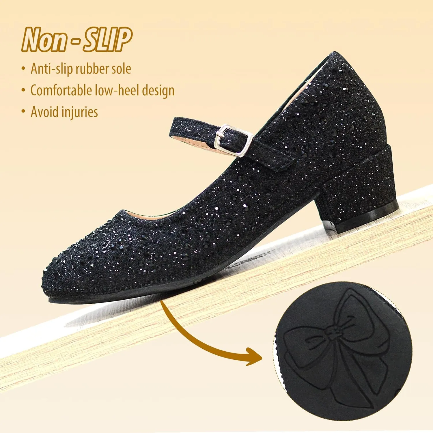 Girls Dress Shoes Mary Jane Shoes for Girls Sparkle Low Heel Hook and Loop Flats for School Wedding Party