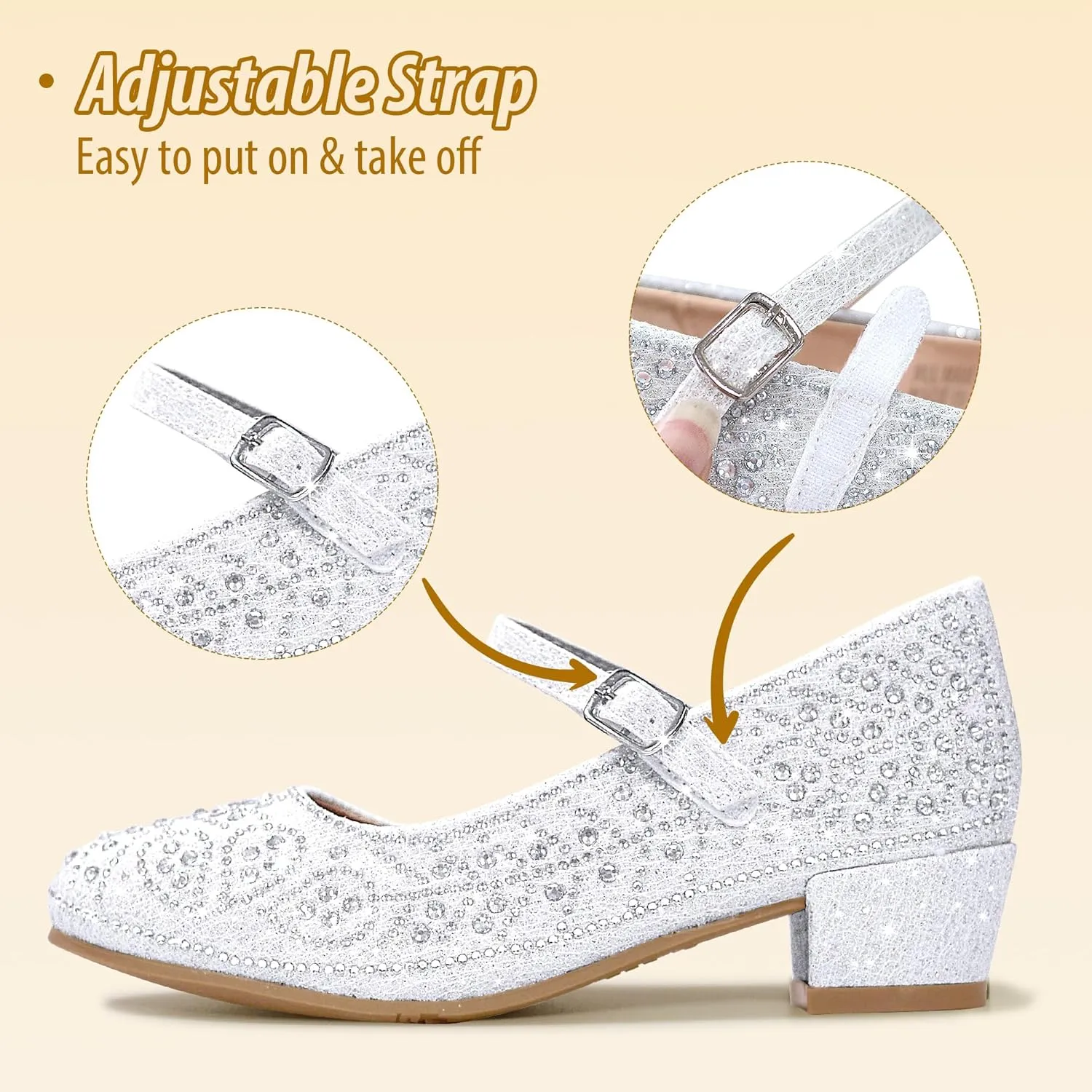 Girls Dress Shoes Mary Jane Shoes for Girls Sparkle Low Heel Hook and Loop Flats for School Wedding Party