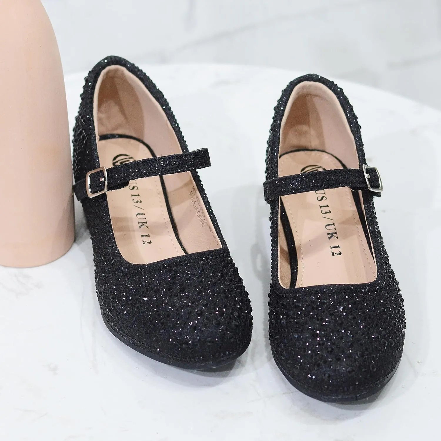 Girls Dress Shoes Mary Jane Shoes for Girls Sparkle Low Heel Hook and Loop Flats for School Wedding Party