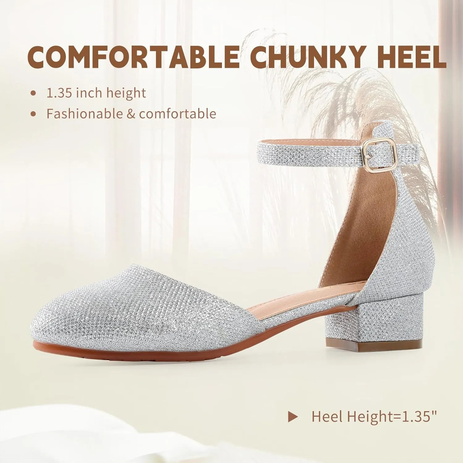 Girls Heels Closed Toe Chunky Sandals Formal Dress Shoes Flower Girl Ankle Strap Pointed Toe Heeled Little Big Kid Wedding Party School Pump Shoes