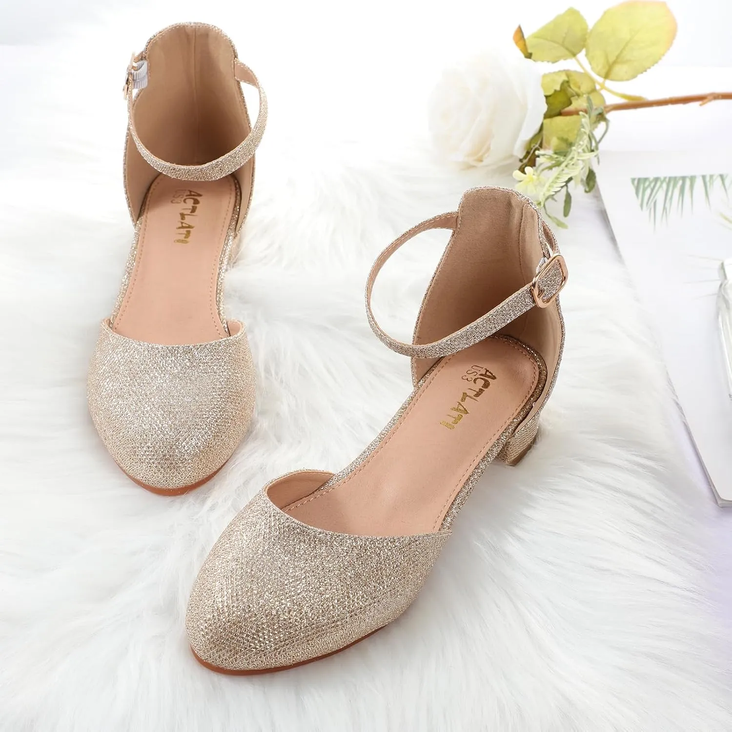 Girls Heels Closed Toe Chunky Sandals Formal Dress Shoes Flower Girl Ankle Strap Pointed Toe Heeled Little Big Kid Wedding Party School Pump Shoes