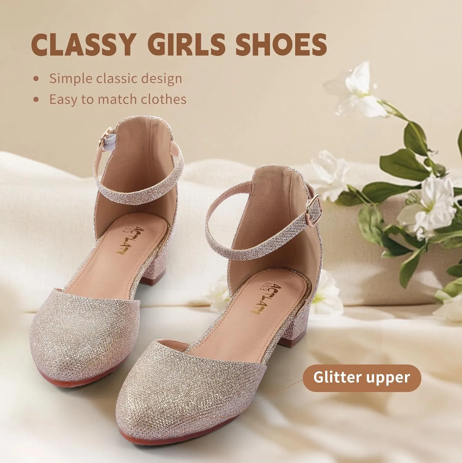 Girls Heels Closed Toe Chunky Sandals Formal Dress Shoes Flower Girl Ankle Strap Pointed Toe Heeled Little Big Kid Wedding Party School Pump Shoes