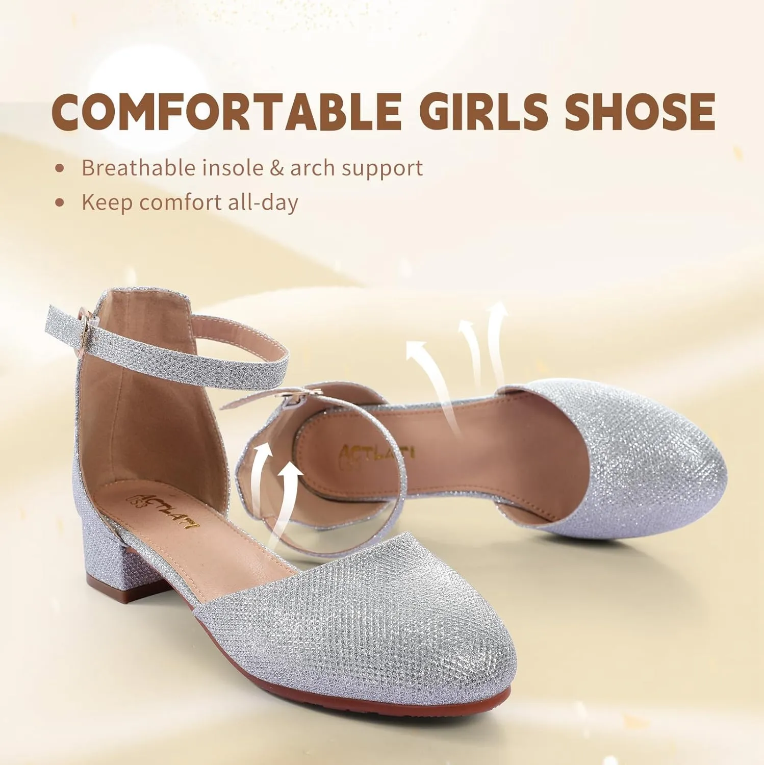 Girls Heels Closed Toe Chunky Sandals Formal Dress Shoes Flower Girl Ankle Strap Pointed Toe Heeled Little Big Kid Wedding Party School Pump Shoes