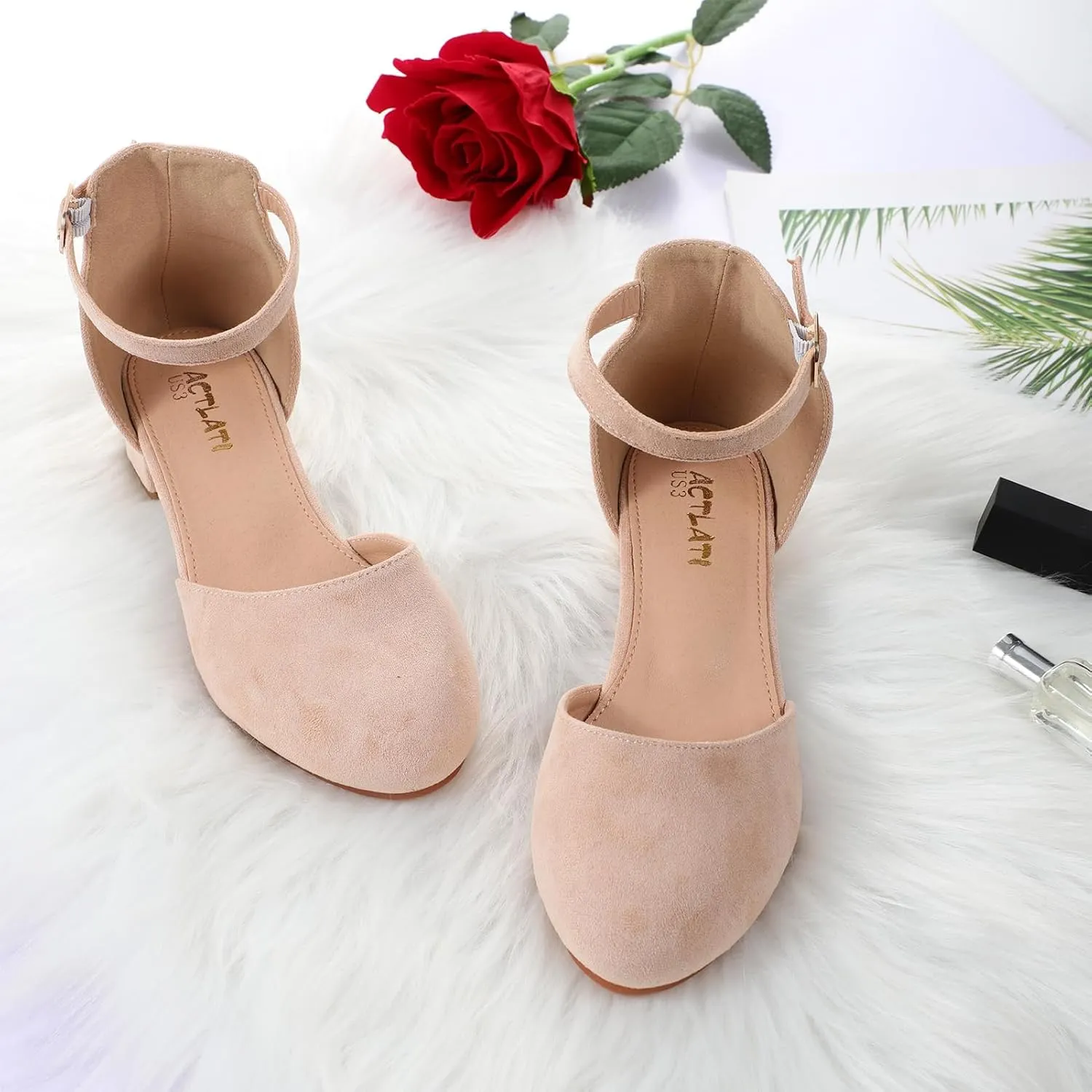 Girls Heels Closed Toe Chunky Sandals Formal Dress Shoes Flower Girl Ankle Strap Pointed Toe Heeled Little Big Kid Wedding Party School Pump Shoes
