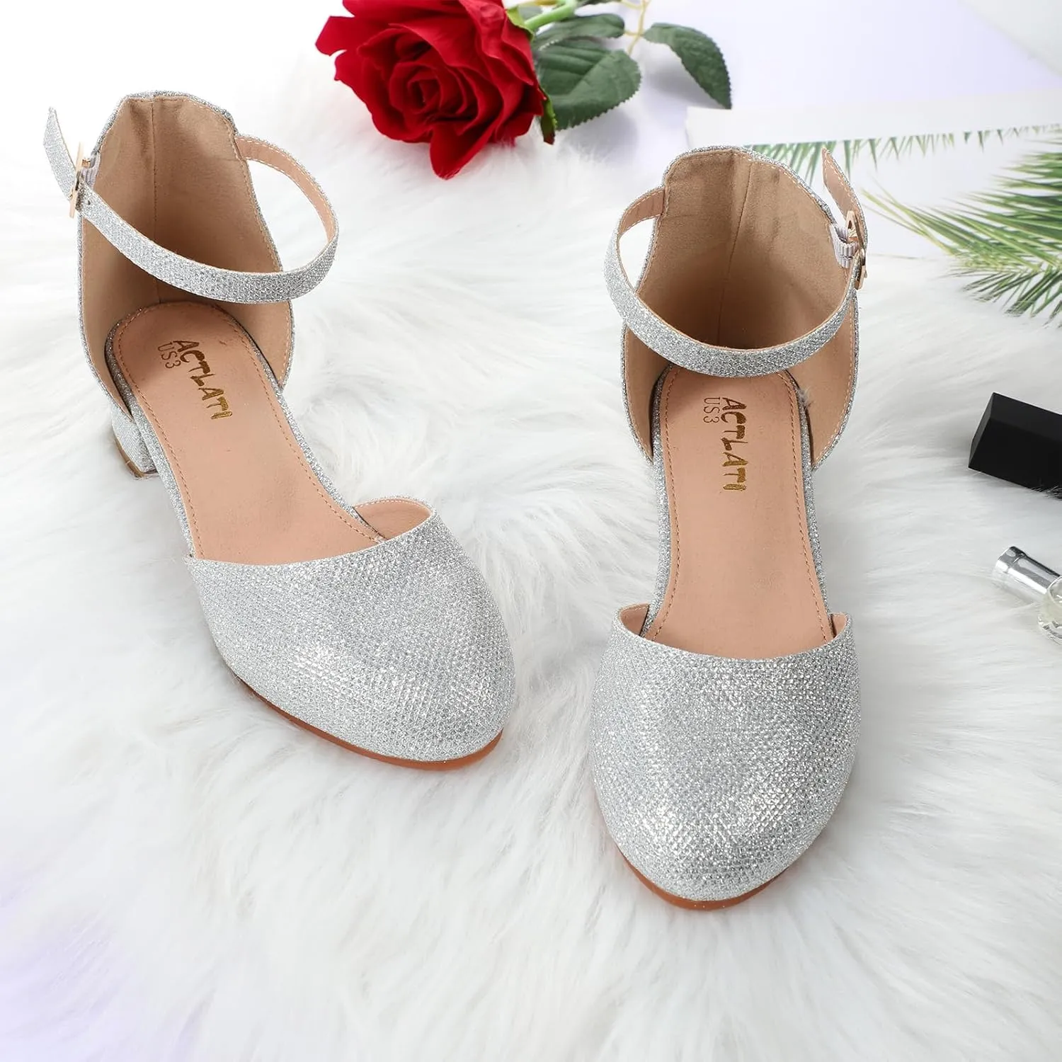 Girls Heels Closed Toe Chunky Sandals Formal Dress Shoes Flower Girl Ankle Strap Pointed Toe Heeled Little Big Kid Wedding Party School Pump Shoes