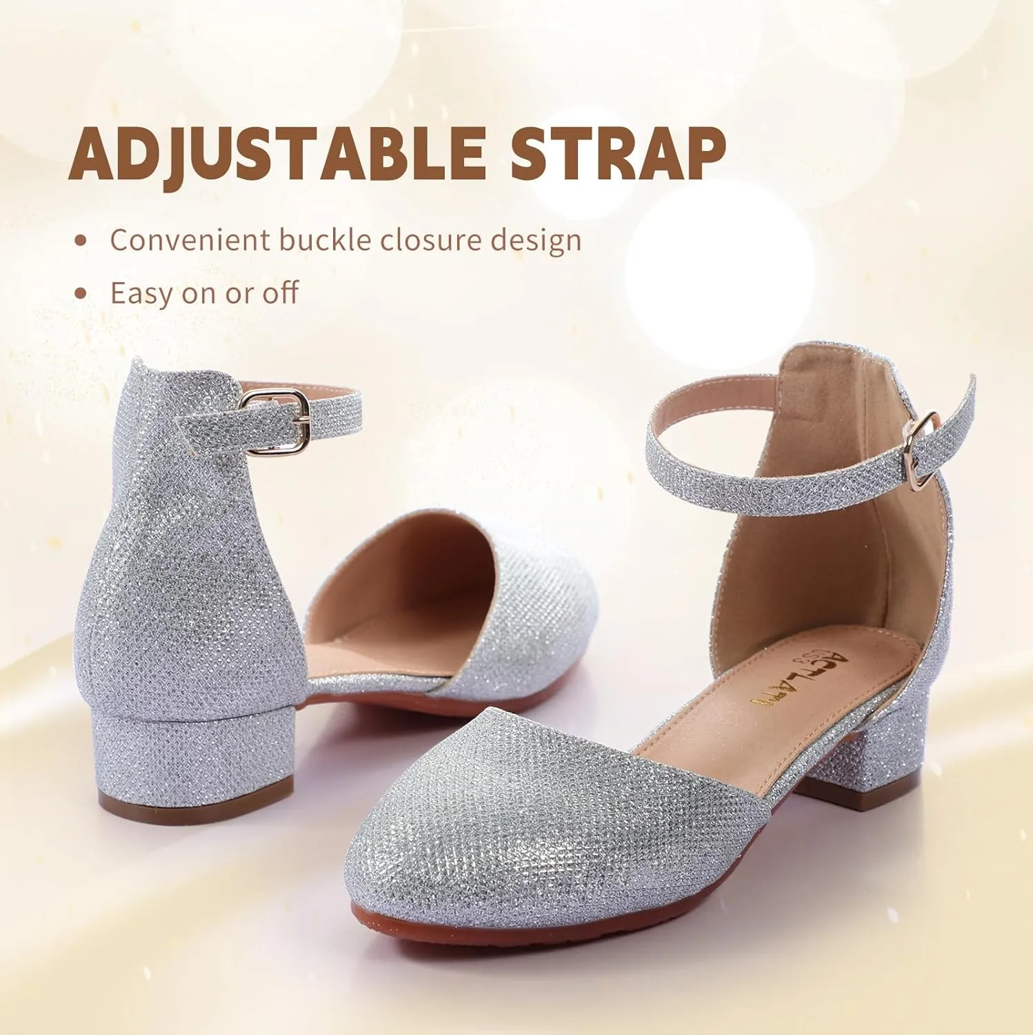 Girls Heels Closed Toe Chunky Sandals Formal Dress Shoes Flower Girl Ankle Strap Pointed Toe Heeled Little Big Kid Wedding Party School Pump Shoes