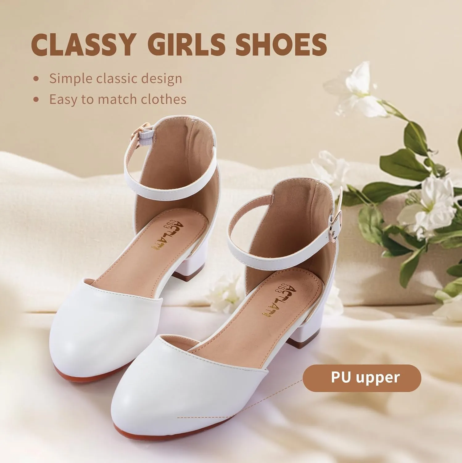 Girls Heels Closed Toe Chunky Sandals Formal Dress Shoes Flower Girl Ankle Strap Pointed Toe Heeled Little Big Kid Wedding Party School Pump Shoes