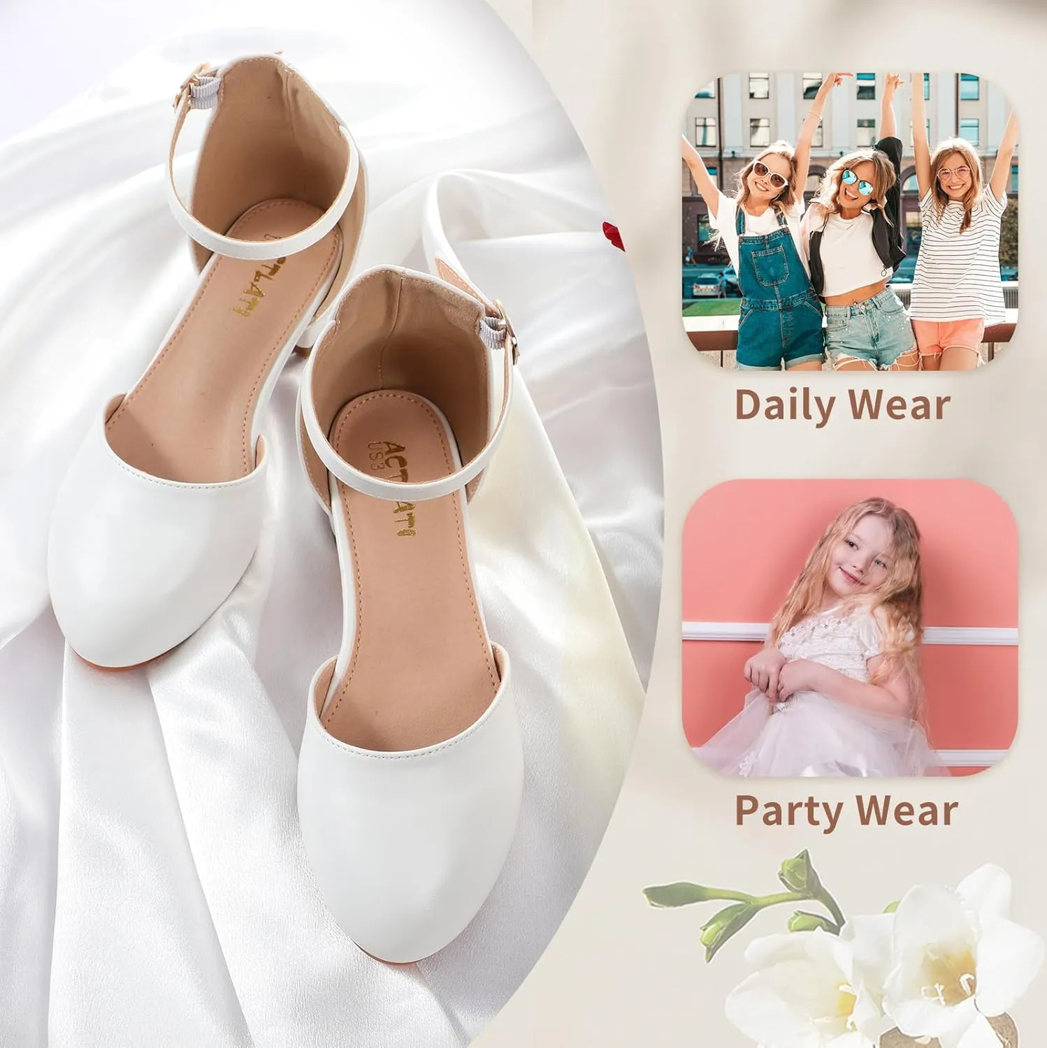 Girls Heels Closed Toe Chunky Sandals Formal Dress Shoes Flower Girl Ankle Strap Pointed Toe Heeled Little Big Kid Wedding Party School Pump Shoes