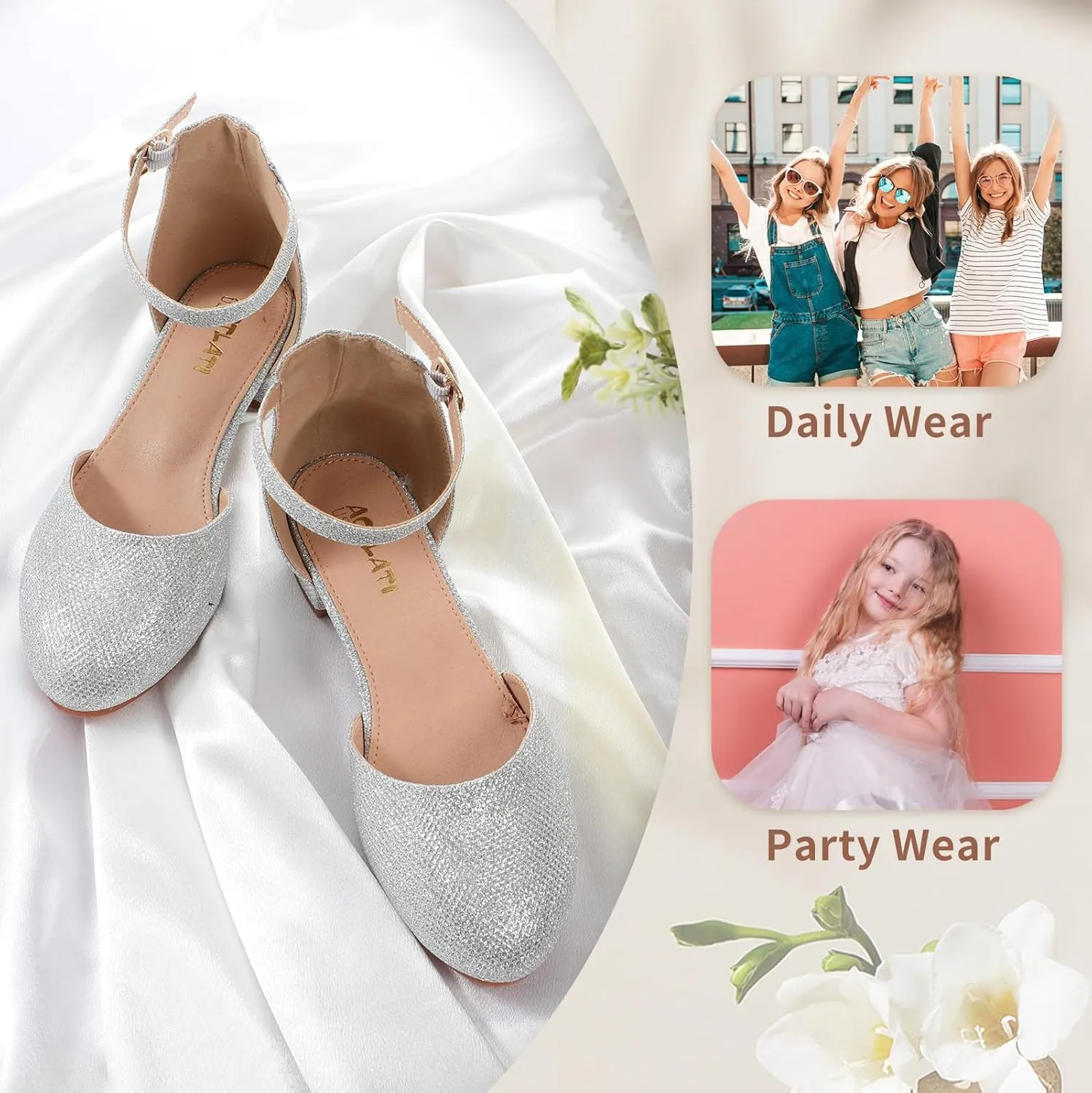 Girls Heels Closed Toe Chunky Sandals Formal Dress Shoes Flower Girl Ankle Strap Pointed Toe Heeled Little Big Kid Wedding Party School Pump Shoes