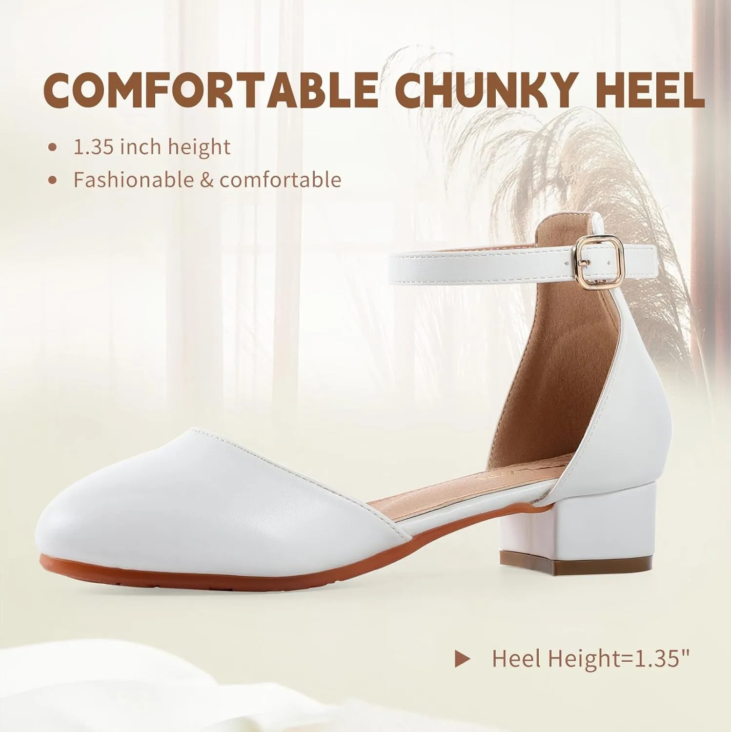 Girls Heels Closed Toe Chunky Sandals Formal Dress Shoes Flower Girl Ankle Strap Pointed Toe Heeled Little Big Kid Wedding Party School Pump Shoes