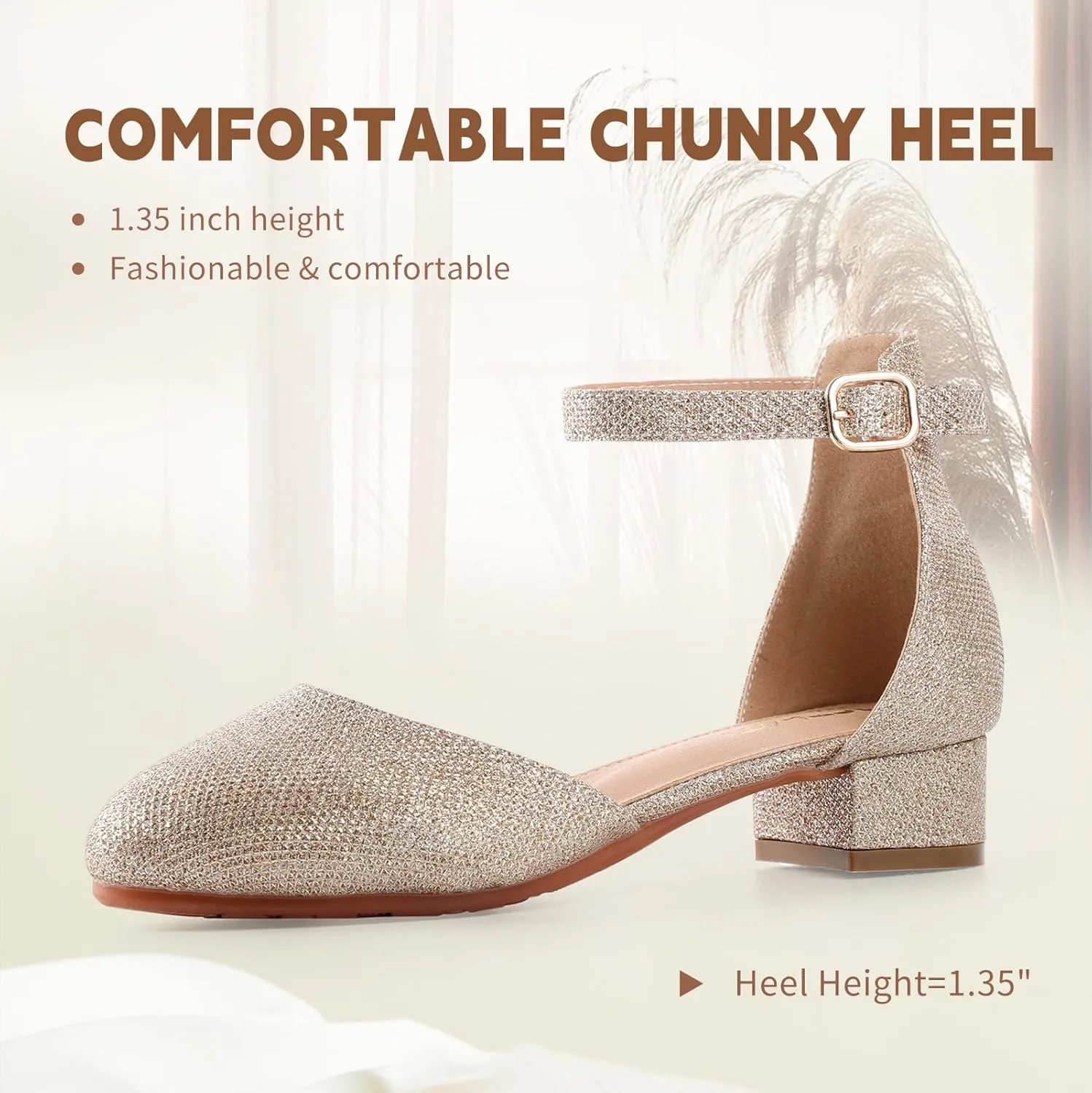 Girls Heels Closed Toe Chunky Sandals Formal Dress Shoes Flower Girl Ankle Strap Pointed Toe Heeled Little Big Kid Wedding Party School Pump Shoes