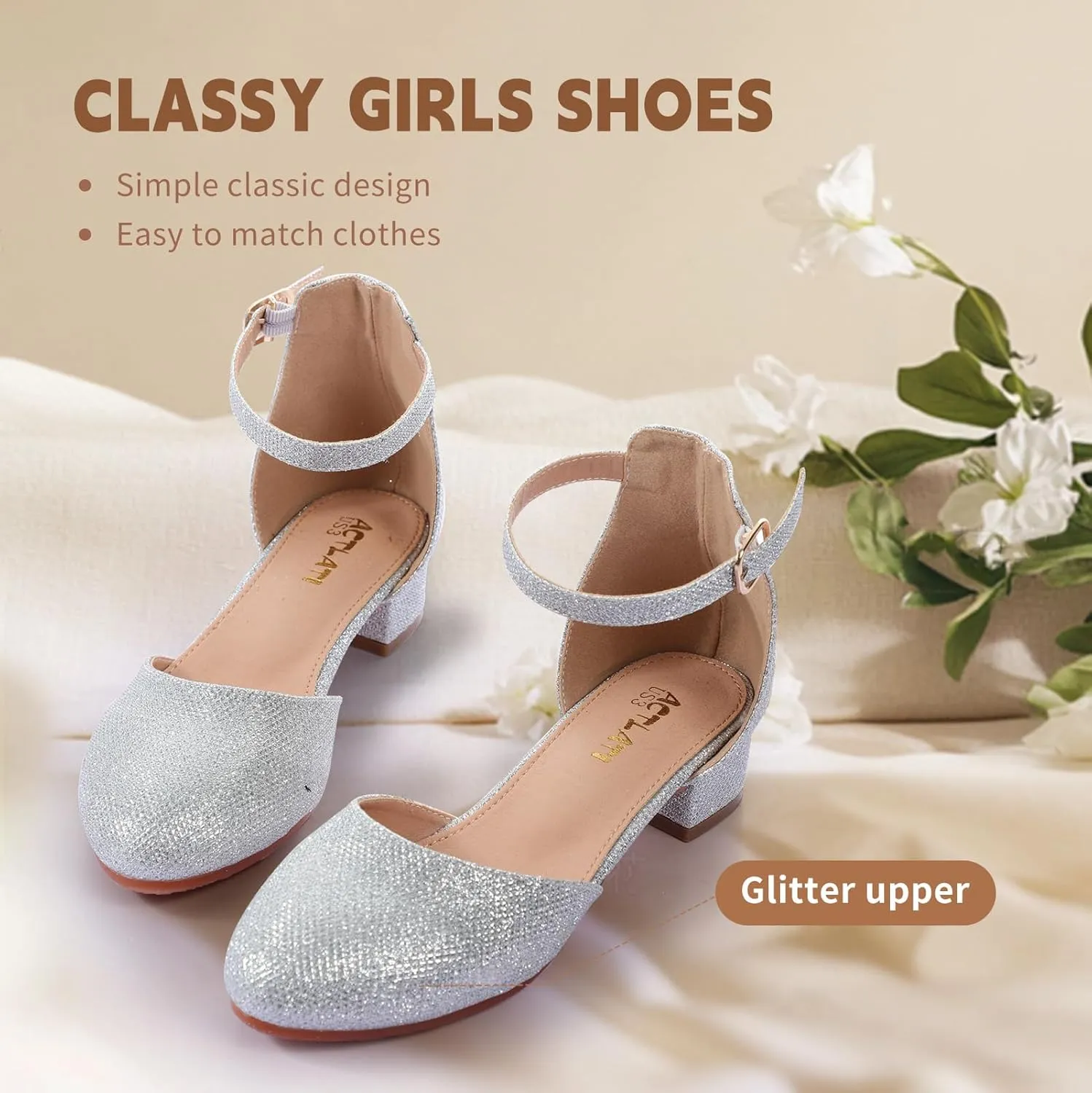 Girls Heels Closed Toe Chunky Sandals Formal Dress Shoes Flower Girl Ankle Strap Pointed Toe Heeled Little Big Kid Wedding Party School Pump Shoes