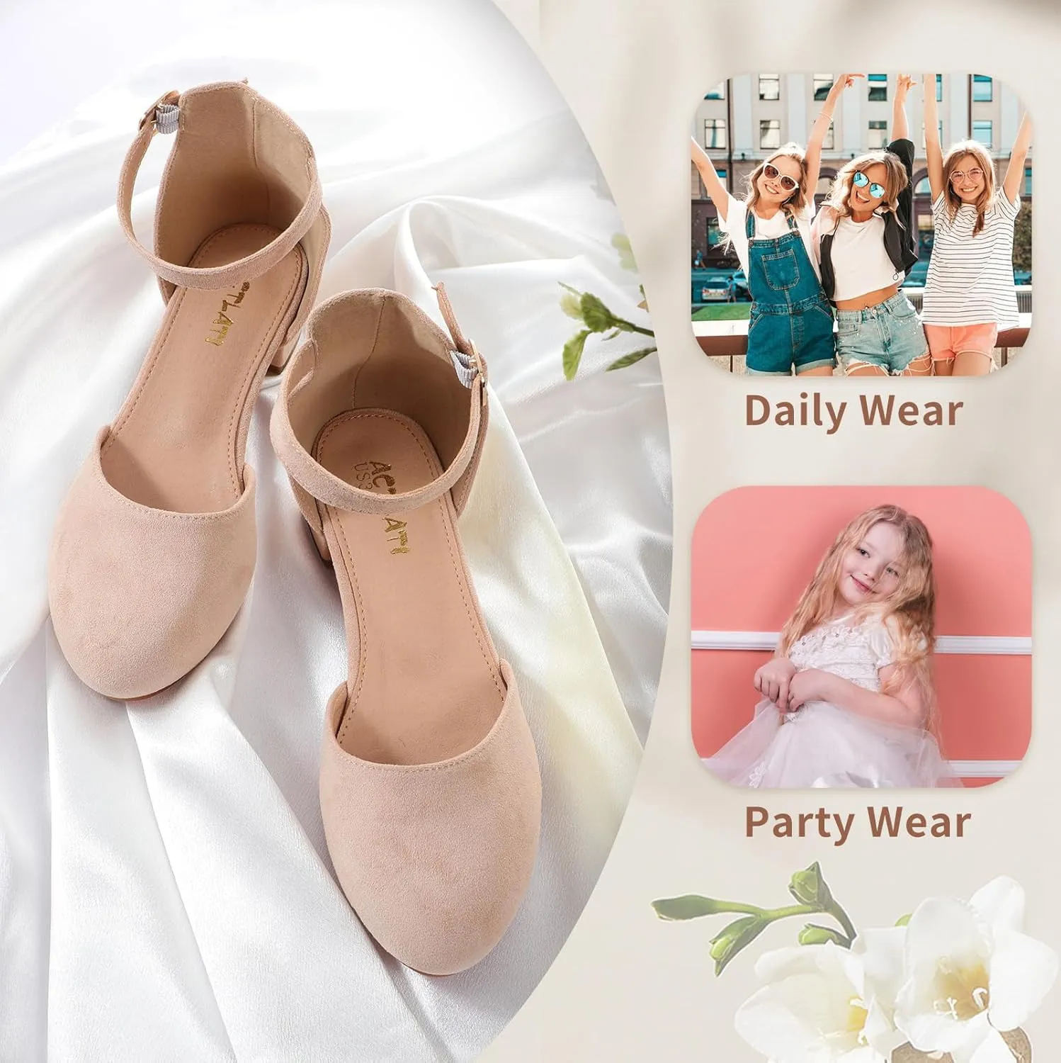 Girls Heels Closed Toe Chunky Sandals Formal Dress Shoes Flower Girl Ankle Strap Pointed Toe Heeled Little Big Kid Wedding Party School Pump Shoes