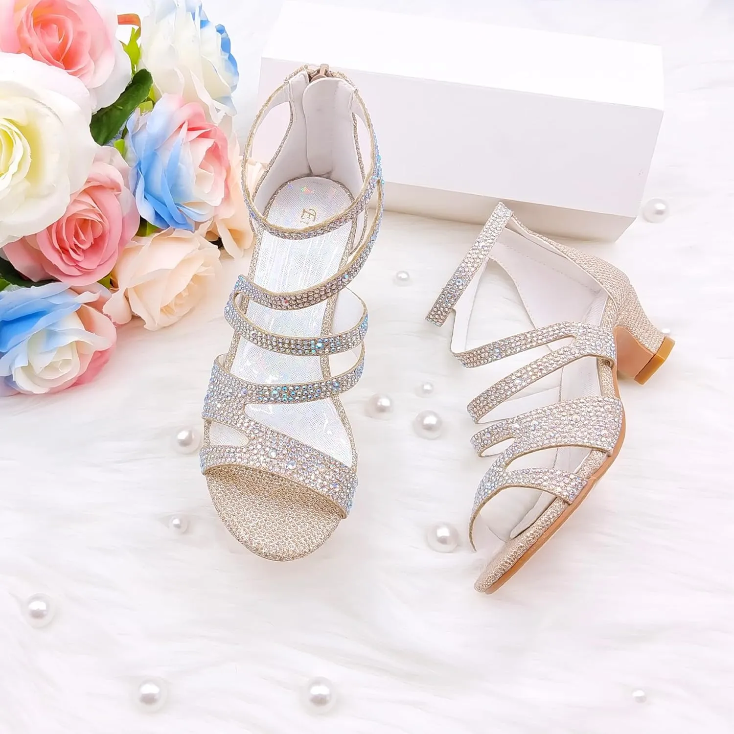 Girls High Heels Glittle Wedding Party Dress Shoes Flower Girl Pump Sandals for Toddler Little Big Kid