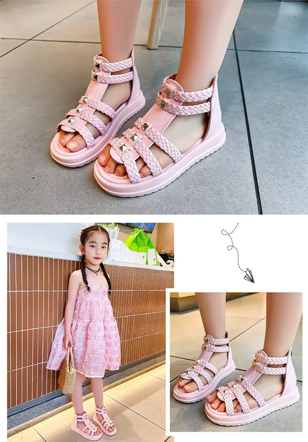 Girls Sandals Fashion Summer Strappy Flats Gladiator Sandals Shoes with Heel Zipper For Toddler/Little Kid/Big Kid