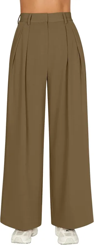GOKATOSAU Women's Loose Fit High Elastic Waisted Wide Leg Straight Long Trousers Suit Pants