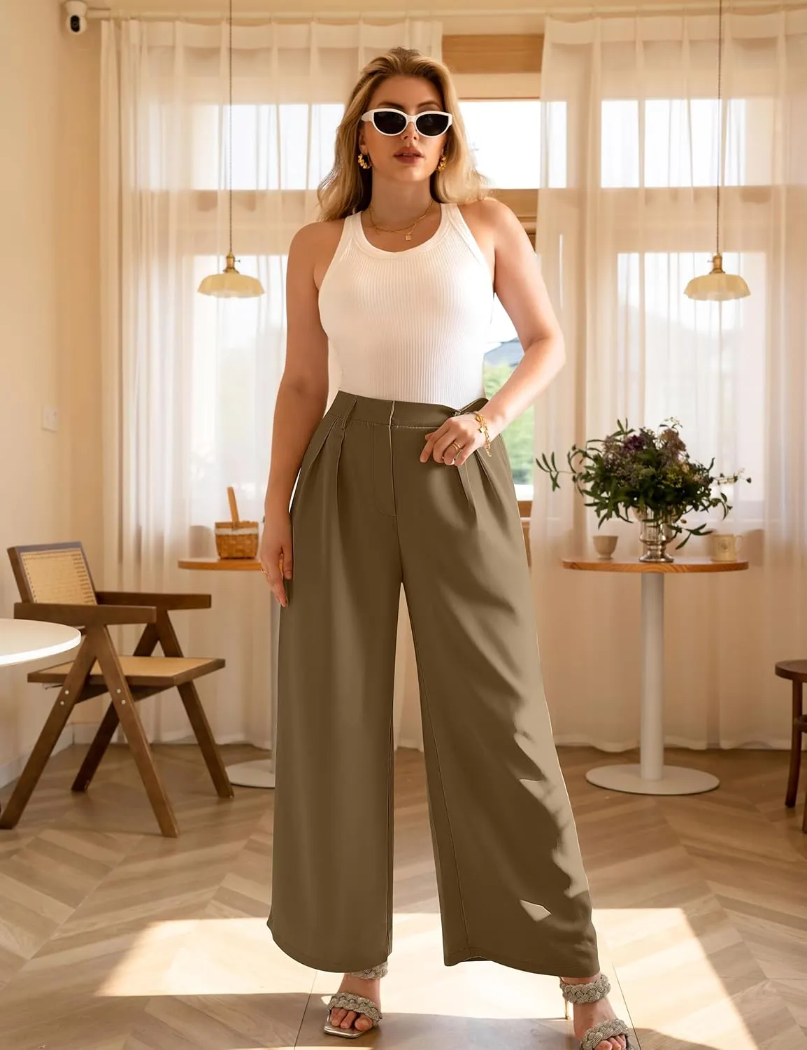 GOKATOSAU Women's Loose Fit High Elastic Waisted Wide Leg Straight Long Trousers Suit Pants